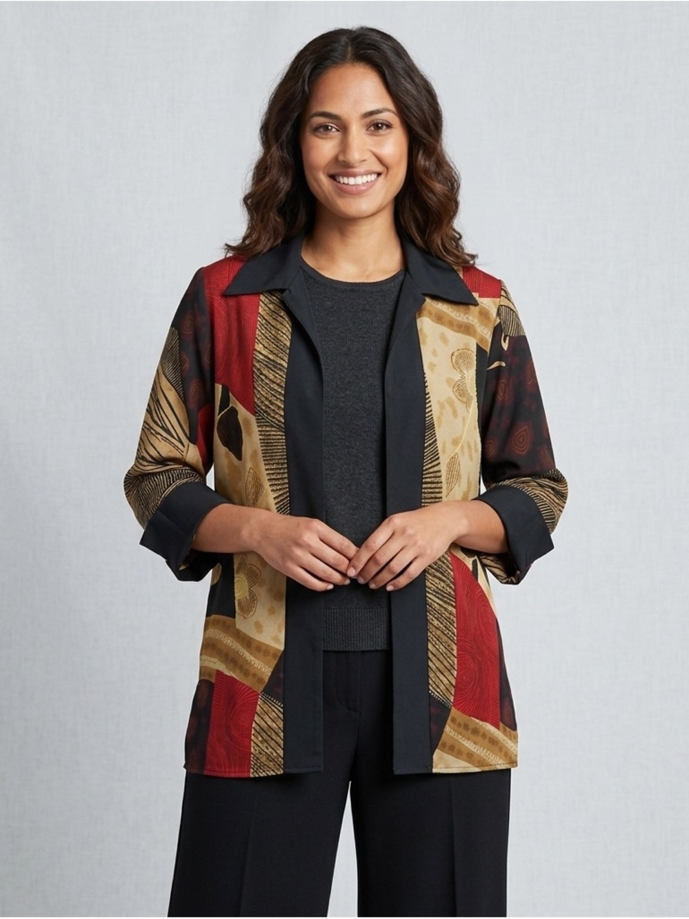 Black colorful Open-Front kimono tunic Jacket in Red, Tan & Black small